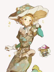 Rule 34 | 1boy, 1girl, :|, absurdres, blonde hair, blue eyes, blush, breasts, brown shirt, brown skirt, check clothing, closed mouth, earrings, foot out of frame, frilled gloves, frills, gloves, green eyes, hat, highres, jewelry, link, medium breasts, mushroom, nintendo, princess zelda, shirt, short hair, simple background, skirt, solo focus, standing, standing on one leg, star (symbol), the legend of zelda, the legend of zelda: tears of the kingdom, white background, white gloves, yuno 11 02