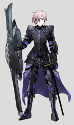 Rule 34 | 1boy, armor, armored boots, boots, fate/grand order, fate (series), full body, gauntlets, genderswap, genderswap (ftm), gloves, greaves, grey background, hair over one eye, light purple hair, looking at viewer, male focus, mash kyrielight, newo (shinra-p), pauldrons, purple eyes, purple gloves, scabbard, sheath, shield, short hair, shoulder armor, simple background, solo, standing, sword, weapon