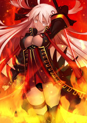Rule 34 | 1girl, absurdres, arm behind head, bracer, dark skin, dark-skinned female, covered erect nipples, fate/grand order, fate (series), fire, highres, holding, holding weapon, koha-ace, long hair, looking at viewer, majin saber, okita souji alter (fate), okita souji (fate), okita souji alter (fate), paperfinger, solo, thighhighs, very long hair, weapon, white eyes, white hair