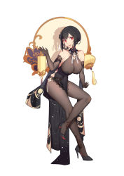 Rule 34 | 1girl, absurdres, azur lane, bare shoulders, black dress, black flower, black hair, black pantyhose, black rose, bodystocking, breasts, chen hai (azur lane), chen hai (vestibule of wonders) (azur lane), dress, elbow gloves, flower, full body, gloves, hair flower, hair ornament, high heels, highres, kasa (1136485976), lace, lace-trimmed gloves, lace trim, large breasts, leaning forward, long hair, looking at viewer, official alternate costume, pantyhose, pelvic curtain, red eyes, rose, shoes, simple background, solo, standing, stiletto heels, taut clothes, taut dress, white background