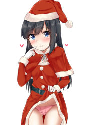 Rule 34 | 1girl, asashio (kancolle), belt, black belt, black hair, blue eyes, blush, capelet, clothes lift, commentary request, dress, dress lift, fur trim, gloves, groin, hair between eyes, hat, heart, highres, kantai collection, lifted by self, long hair, long sleeves, panties, pink panties, pom pom (clothes), red capelet, red dress, rokosu (isibasi403), santa costume, santa dress, santa hat, simple background, smile, solo, underwear, white background, white gloves