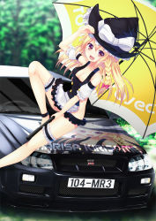 Rule 34 | 1girl, :d, blonde hair, bottomless, breasts, brown eyes, car, character name, cleavage, detached sleeves, fang, female focus, hat, holding, holding umbrella, kirisame marisa, large breasts, long hair, looking at viewer, motor vehicle, nissan, nissan skyline, nissan skyline gt-r, nissan skyline r34, open mouth, race queen, smile, solo, thigh strap, touhou, umbrella, vehicle, witch hat, yaki mayu
