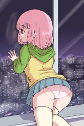 Rule 34 | ass, blue skirt, blunt bangs, character request, cityscape, copyright request, from behind, fxxk law, highres, hood, hoodie, looking outside, miniskirt, night, panties, pink eyes, pink hair, pink panties, pleated skirt, skirt, star (sky), thighhighs, underwear, upskirt, white legwear, window