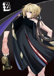 1girl absurdres barefoot blonde_hair evelyn_chevalier feet highres long_hair looking_at_viewer looking_back mole mole_under_eye purple_eyes shoes single_shoe soles toes trg_datou unworn_shoes zenless_zone_zero