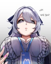 Rule 34 | 1girl, absurdres, aran sweater, breasts, cable knit, commentary request, cream bread, from below, gradient background, grey background, grey eyes, grey hair, hair between eyes, hair intakes, highres, honkai (series), honkai impact 3rd, impossible clothes, impossible sweater, korean commentary, korean text, lanyard, large breasts, looking at viewer, looking down, nail polish, parted lips, pink nails, solo, sweater, translation request, white background, white sweater