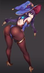 Rule 34 | 1girl, ass, bare shoulders, blush, breasts, detached sleeves, from behind, genshin impact, gloves, green eyes, hair ornament, hat, high heels, highres, huge ass, leaning, leaning forward, leotard, long hair, looking at viewer, medium breasts, melusmelon, mona (genshin impact), pantyhose, purple hair, shiny clothes, shiny skin, sideboob, solo, thighlet, twintails, very long hair