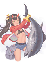 Rule 34 | 1girl, animal, animal ears, belt, bigrbear, bikini, black belt, black bikini, black hair, blue shorts, breasts, cat, chinese commentary, commentary request, fish, gloves, gradient background, green eyes, grey background, hair ribbon, highres, holding, holding animal, holding fish, horns, jacket, long sleeves, looking at viewer, oni, oni horns, open mouth, original, pointy ears, red horns, red jacket, ribbon, shorts, small breasts, smile, solo, swimsuit, teeth, upper teeth only, yellow gloves, yellow ribbon