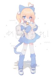 Rule 34 | 1girl, :o, ahoge, animal ears, apron, backpack, bag, bandaid, bandaid on clothes, bandaid on knee, bandaid on leg, bell, blue collar, blue dress, blue eyes, blue hairband, blue mittens, blue thighhighs, cake, cake slice, cat ears, cat girl, cat tail, collar, cowbell, daizu (melon-lemon), detached ahoge, dress, fake animal ears, food, full body, hair between eyes, hair ornament, hairband, heart, heart ahoge, highres, holding, holding cake, holding food, holding plate, leg warmers, looking at viewer, medium hair, mittens, neck bell, no nose, orange hair, original, parted lips, plate, puffy short sleeves, puffy sleeves, ribbon, shadow, shoes, short dress, short sleeves, sidelocks, simple background, solo, standing, tail, tail ornament, tail ribbon, thighhighs, translation request, twintails, uwabaki, waist apron, white apron, white background, white bag, white footwear, white ribbon, white thighhighs, x hair ornament, zettai ryouiki