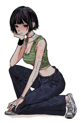 Rule 34 | 1girl, arm tattoo, bandaid, bandaid on arm, bandaid on neck, bare shoulders, black hair, bob cut, bracelet, breasts, bright pupils, choker, cleavage, closed mouth, collarbone, drawstring, earrings, from side, frown, full body, green nails, hand on own knee, head rest, heart, highres, jewelry, looking at viewer, looking to the side, medium breasts, midriff, mole, mole under mouth, multicolored nails, multiple earrings, multiple rings, muryo, navel, nike (company), on one knee, original, pants, pink nails, purple hair, ring, shirt, shoes, short hair, simple background, sleeveless, sleeveless shirt, sneakers, solo, striped clothes, striped shirt, symbol-shaped pupils, tattoo, white background, white footwear, wristband, yellow nails