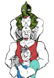 Rule 34 | 3boys, age difference, biceps, family, gloves, happy, heart, kinniku ataru, kinniku mantarou, kinniku suguru, kinnikuman, kinnikuman (character), kinnikuman soldier, large pectorals, looking at viewer, manly, mask, multiple boys, muscular, pectorals, smile, white background, wrestling, wrestling mask, wrestling outfit