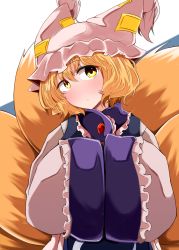 Rule 34 | 1girl, absurdres, animal ears, animal hat, blonde hair, blue tabard, blush, dress, eyelashes, fox ears, fox tail, frills, hands in opposite sleeves, hat, head tilt, highres, long sleeves, looking at viewer, mob cap, multiple tails, no nose, mob cap, short hair, simple background, solo, tabard, tail, tassel, touhou, white background, white dress, wide sleeves, yakumo ran, yasui nori, yellow eyes