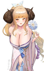 Rule 34 | 1girl, absurdres, ahoge, anila (granblue fantasy), anila (yukata) (granblue fantasy), bare shoulders, blonde hair, blunt bangs, bow, breasts, cleavage, collarbone, draph, granblue fantasy, hand fan, highres, hikimayu, holding, holding fan, horns, huge breasts, japanese clothes, kimono, long hair, looking at viewer, nakonbu, off shoulder, open mouth, sheep horns, short eyebrows, smile, striped clothes, striped kimono, vertical-striped clothes, vertical-striped kimono, white bow, wide sleeves, yellow eyes, yukata