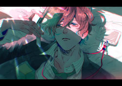 Rule 34 | 1boy, formal, green eyes, hypnosis mic, kannonzaka doppo, lying, multicolored hair, name tag, necktie, phone, red hair, shirt, suit, sunlight