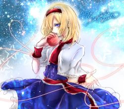 Rule 34 | 1girl, alice margatroid, apple, artist name, bad id, bad pixiv id, belt, blonde hair, blue dress, capelet, character name, cowboy shot, dress, food, frilled cuffs, frills, fruit, heart, holding, holding food, holding fruit, looking at viewer, necktie, open mouth, red necktie, shanghai bisu, short hair, solo, star (symbol), touhou, wrist cuffs