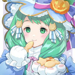 Rule 34 | 1girl, animal hands, blue dress, blue hat, blush, closed mouth, commentary request, cookie, dress, fire emblem, fire emblem: three houses, fire emblem heroes, flayn (fire emblem), flayn (halloween) (fire emblem), food, gloves, green eyes, grey hair, hair ornament, halloween costume, hat, holding, holding food, long hair, long sleeves, looking at viewer, mixed-language commentary, mojakkoro, neck ribbon, nintendo, official alternate costume, paw gloves, pink ribbon, ribbon, smile, solo, star-shaped cookie, star-shaped food, star (symbol), white gloves