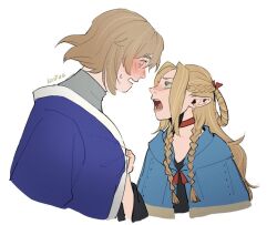 Rule 34 | 2girls, artist name, blonde hair, blue capelet, blue robe, blush, braid, brown eyes, capelet, choker, clothes grab, commentary, dungeon meshi, english commentary, falin touden, falin touden (tallman), green eyes, half updo, koifee, light brown hair, long hair, marcille donato, multiple girls, open mouth, red choker, robe, short hair, shouting, simple background, sweat, tears, twin braids, upper body, white background