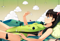 Rule 34 | 1girl, bird, black hair, blue eyes, blunt bangs, book, cloud, competition swimsuit, covered navel, fence, flower, giant, giantess, green one-piece swimsuit, hair flower, hair ornament, highleg, highleg swimsuit, hill, house, long hair, lying, md5 mismatch, on back, one-piece swimsuit, open mouth, original, pillow, props, resolution mismatch, rubber band, scenery, skin tight, source larger, swimsuit, tree, twintails, yokaze japan