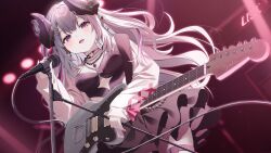 Rule 34 | 1girl, absurdres, animal ears, black dress, black horns, chikafuji lisa, choker, commission, cross, cross necklace, curled horns, dress, ear piercing, earrings, grey hair, guitar, hair ornament, hairclip, heart, heart choker, highres, holding, holding guitar, holding instrument, horns, indie virtual youtuber, instrument, jewelry, light blush, long hair, long sleeves, looking at viewer, microphone, mole, mole under eye, necklace, piercing, purple eyes, red nails, riripoinya, sheep ears, skeb commission, solo, thigh strap, virtual youtuber