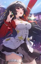 1girl absurdres astra_yao aviary black_hair blush bracelet breasts cleavage cropped_jacket dress earrings hair_ornament hairband highres jacket jewelry large_breasts long_hair long_sleeves open_mouth pendant red_eyes red_jacket smile solo thighs white_dress zenless_zone_zero