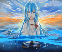 Rule 34 | 10s, 1girl, antenna hair, blue eyes, blue hair, bubble, cloud, denpa onna to seishun otoko, hand on own chest, highres, long hair, matching hair/eyes, nail polish, ocean, off shoulder, open mouth, partially underwater shot, pleated skirt, reflection, skirt, sky, solo, tears, touwa erio, twilight, underwater, very long hair, wading, water, wet, wet clothes, xyomouse