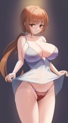 Rule 34 | 1girl, absurdres, blush, breasts, brown eyes, brown hair, clothes lift, collarbone, dress, dress lift, highres, large breasts, long hair, looking to the side, lovehaejo, original, panties, ponytail, red panties, simple background, solo, thighs, underwear, white dress