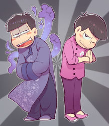 Rule 34 | 10s, 2boys, ;), black hair, blush stickers, bowing, brothers, changpao, chinese clothes, male focus, matsuno ichimatsu, matsuno todomatsu, multiple boys, one eye closed, osomatsu-kun, osomatsu-san, osomatsu (series), own hands together, palm-fist greeting, sanjiro (tenshin anman), siblings, smile, tangzhuang