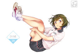 Rule 34 | 1girl, artist logo, artist name, black shorts, blush, brown eyes, brown hair, clothes writing, collared shirt, commentary request, crossed ankles, from side, full body, gym shirt, gym shorts, gym uniform, head tilt, hugging own legs, legs up, looking at viewer, looking to the side, original, pairan, parted lips, shirt, shoes, short hair, short sleeves, shorts, simple background, sneakers, socks, solo, tareme, white background, white footwear, white shirt, white socks