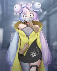 Rule 34 | 1girl, arms behind back, bike shorts, blue hair, blurry, blurry background, bow-shaped hair, bt (3212637), character hair ornament, commentary request, creatures (company), disembodied hand, eyelashes, gag, game freak, grey pantyhose, hair ornament, highres, improvised gag, iono (pokemon), long hair, mask, mask pull, mouth mask, multicolored hair, nintendo, pantyhose, pokemon, pokemon sv, purple hair, raised eyebrows, single leg pantyhose, tape, tape gag, thigh strap, twintails, two-tone hair, unzipping