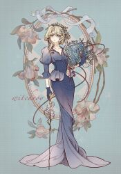 Rule 34 | 1girl, aqua background, artist name, blonde hair, blue dress, blue gloves, bouquet, cane, crescent, crescent hair ornament, dress, druvis iii, flower, full body, gloves, green eyes, hair ornament, hand up, highres, hobble dress, holding, holding bouquet, holding cane, juliet sleeves, leaf hair ornament, long dress, long sleeves, looking at viewer, medium hair, mistletoe, oval, pink flower, pink lips, puffy sleeves, reverse:1999, solo, v-neck, ya (witchroy)