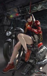 Rule 34 | 1girl, bare legs, black hair, cigarette, highres, image sample, jacket, katana, kouchong wen, leather, leather jacket, lighter, long hair, looking at viewer, mechanical arms, realistic, red eyes, shoes, single mechanical arm, sneakers, solo, sword, twintails, weapon