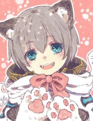 Rule 34 | 1boy, animal ears, animal hands, arch bishop (ragnarok online), blush, bow, bowtie, cat ears, commentary request, cross, gloves, grey hair, looking at viewer, male focus, open mouth, outline, paw gloves, paw print, paw print background, pink background, ragnarok online, red bow, red bowtie, short hair, smile, solo, teeth, tokio (okt0w0), upper body, upper teeth only, white outline