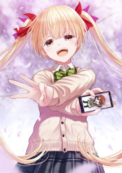 Rule 34 | 1girl, blonde hair, bow, bowtie, brown eyes, cardigan, cellphone, cherry blossoms, crossed arms, floating hair, green bow, green bowtie, grey skirt, hair bow, holding, holding phone, kaizou momo, long hair, looking at viewer, mizunashi hayate, open mouth, phone, plaid, plaid skirt, pleated skirt, re:lief ~shin&#039;ai naru anata e~, red bow, school uniform, skirt, smartphone, solo, spring (season), standing, striped bow, striped bowtie, striped clothes, twintails, very long hair, white cardigan, wing collar