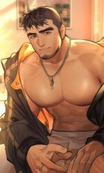 Rule 34 | 1boy, abs, absurdres, baimeme, bara, bare pectorals, beard, boxers, brown hair, cross, cross necklace, dungeon and fighter, earrings, facial hair, highres, jacket, jewelry, knees together feet apart, large pectorals, looking at viewer, male focus, male priest (dungeon and fighter), male underwear, mature male, muscular, muscular male, necklace, no nipples, no pants, off shoulder, open clothes, open jacket, partially undressed, pectorals, ring, short hair, smile, solo, stomach, sunlight, thick eyebrows, underwear, white male underwear