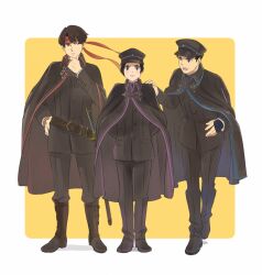 Rule 34 | 1girl, 2boys, ace attorney, belt, black hair, black jacket, black pants, brown belt, brown hair, cape, closed mouth, crossdressing, full body, hand on another&#039;s shoulder, hand on own chin, hat, headband, jacket, katana, kazuma asogi, long sleeves, looking at another, multiple boys, official alternate costume, officinale t, pants, red headband, ryunosuke naruhodo, short hair, smile, standing, susato mikotoba, sword, the great ace attorney, uniform, weapon