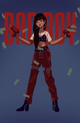 Rule 34 | 1girl, absurdres, animification, banknote, black hair, black pants, blunt bangs, boots, bracelet, closed mouth, commentary, crop top, earrings, english commentary, fishnet pantyhose, fishnets, full body, highres, holding, jewelry, k-pop, long hair, money, pants, pantyhose, real life, red velvet (group), safachu, seulgi (red velvet), solo