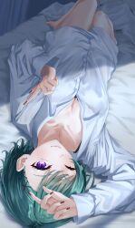 Rule 34 | 1girl, ;), absurdres, alternate hair length, alternate hairstyle, barefoot, bed, black bra, bra, breasts, cleavage, dress shirt, green hair, hair ornament, highres, long sleeves, looking at viewer, lying, medium breasts, on back, on bed, one eye closed, oversized clothes, oversized shirt, purple eyes, red nails, shirt, short hair, smile, solo, swept bangs, underwear, v, virtual youtuber, vspo!, white shirt, wing collar, x hair ornament, yakumo beni, yu sa1126