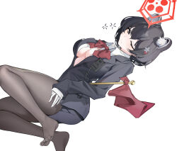 Rule 34 | 1girl, absurdres, animal ear fluff, animal ears, ass, black eyes, black hair, black pantyhose, blue archive, blush, breasts, chinoryuu, closed mouth, collared shirt, flag, hair between eyes, hair ornament, halo, highres, large breasts, long sleeves, looking at viewer, official alternate costume, one eye closed, pantyhose, red halo, shirt, short hair, simple background, solo, toes, tour guide, tsubaki (blue archive), tsubaki (guide) (blue archive), walkie-talkie, white background, white shirt
