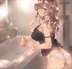 Rule 34 | 1girl, ass, bababababan, bad id, bad pixiv id, bare shoulders, black shirt, breasts, brown eyes, brown hair, brushing teeth, camisole, covered erect nipples, cup, holding, holding cup, indoors, large breasts, looking at viewer, looking back, mug, open mouth, original, panties, shirt, sink, solo, strap slip, toothbrush, underwear