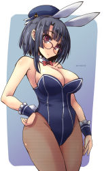 Rule 34 | 10s, 1girl, adapted costume, animal ears, artist name, beret, bespectacled, black hair, blush, bow, bowtie, breasts, cleavage, covered navel, dated, detached collar, fake animal ears, fishnet pantyhose, fishnets, glasses, hat, highres, kantai collection, large breasts, leotard, pantyhose, playboy bunny, rabbit ears, rabbit tail, red eyes, shinshin, short hair, simple background, smile, solo, strapless, strapless leotard, tail, takao (kancolle), unmoving pattern, wrist cuffs