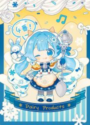 Rule 34 | 1girl, :3, :q, animal, baby bottle, beamed eighth notes, bell, blue background, blue bow, blue dress, blue eyes, blue hair, blue hood, blue mittens, blue ribbon, blush stickers, bottle, bow, capelet, cheese, closed eyes, commentary, cowbell, dress, eighth note, english text, fake horns, food, fortissimo, fur-trimmed footwear, fur trim, hair ornament, hatsune miku, highres, holding, holding bottle, holding spoon, horns, ice cream, ice cream cone, inomo (qimoshu), long hair, milk bottle, mittens, musical note, musical note hair ornament, one eye closed, oversized object, pacifier, rabbit, rabbit yukine, ribbon, skirt, smile, snowflake hair ornament, solo, speech bubble, spoon, sprinkles, striped, striped background, striped bow, suspender skirt, suspenders, swiss cheese, tongue, tongue out, twintails, two-tone background, very long hair, vocaloid, waffle cone, wavy hair, white hair, white headdress, yellow background, yellow capelet, yuki miku, yuki miku (2024) (candidate no.4)