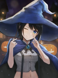 Rule 34 | 1girl, ;), black bow, black bowtie, black cape, black hair, blue cape, blue eyes, blue hat, bow, bowtie, cape, chinese commentary, closed mouth, commentary request, cropped shirt, grey shirt, guishu, halloween, hat, highres, hololive, jack-o&#039;-lantern, looking at viewer, looking back, midriff, navel, official alternate costume, one eye closed, oozora subaru, oozora subaru (work), pinstripe pattern, pinstripe shirt, shirt, short hair, sleeveless, sleeveless shirt, smile, solo, striped clothes, striped shirt, suspenders, swept bangs, two-sided cape, two-sided fabric, vertical-striped clothes, vertical-striped shirt, virtual youtuber, witch hat