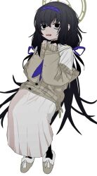 Rule 34 | 1girl, atkm2, bad id, bad twitter id, black eyes, black hair, black pantyhose, blue archive, hair ribbon, halo, invisible chair, jacket, long hair, looking at viewer, low twintails, off shoulder, open mouth, pantyhose, purple ribbon, ribbon, simple background, sitting, skirt, slippers, solo, sweatdrop, twintails, ui (blue archive), very long hair, white background, white skirt