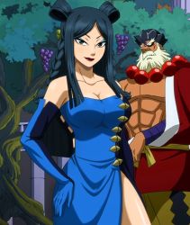 Rule 34 | 1boy, 1girl, black hair, blue dress, blue gloves, breasts, cleavage, dress, elbow gloves, facial hair, fairy tail, gloves, green eyes, jiemma, large breasts, lips, lipstick, long hair, makeup, minerva orlando, red lips, screencap, standing, stitched, third-party edit