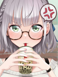 Rule 34 | 1girl, anger vein, angry, bad id, bad pixiv id, blunt bangs, blush, braid, bubble tea, cup, disposable cup, french braid, glasses, green eyes, hatsuitsumo, highres, holding, holding cup, hololive, looking at viewer, portrait, semi-rimless eyewear, shirogane noel, shirogane noel (casual), short hair, solo, spoken anger vein, virtual youtuber