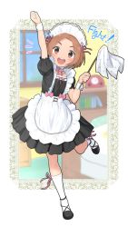 Rule 34 | alternate costume, apron, arm up, black footwear, blurry, blurry background, blush, bow, choker, clenched hand, commentary request, dot nose, dress, duster, english text, enmaided, frilled choker, frilled dress, frills, full body, hand up, highres, holding, holding duster, idolmaster, idolmaster cinderella girls, leg up, looking at viewer, maid, maid headdress, neck ribbon, open mouth, orange eyes, orange hair, over-kneehighs, pink bow, pink ribbon, puffy short sleeves, puffy sleeves, ribbon, ryuzaki kaoru, shoes, short hair, short sleeves, smile, solo, teeth, thighhighs, upper teeth only, waist apron, white apron, white thighhighs, wrist cuffs, yama tatsuo