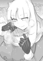Rule 34 | 1girl, blunt bangs, blush, breasts, cityscape, closed mouth, commentary request, fujido oriko, fur trim, giant, giant ojou-sama, giantess, gloves, greyscale, highres, large breasts, looking at another, looking down, monochrome, nikukaiq, scarf, scarf pull, size difference, sketch, smile, upper body, warming, winter clothes