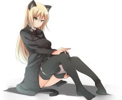 Rule 34 | 1girl, amai nekuta, animal ears, black jacket, blonde hair, cat ears, cat tail, closed mouth, commentary request, emblem, full body, green eyes, head tilt, heinrike prinzessin zu sayn-wittgenstein, jacket, long hair, long sleeves, looking at viewer, military, military uniform, naughty face, noble witches, panties, panty pull, pulled by self, shadow, simple background, sitting, smile, solo, tail, thighhighs, underwear, uniform, white background, white panties, world witches series