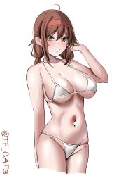 1girl absurdres bikini breasts brown_eyes brown_hair cleavage hairband highres kantai_collection large_breasts long_hair medium_breasts navel red_hairband shiratsuyu_(kancolle) smile solo string_bikini swimsuit tf_cafe twintails twitter_username white_background white_bikini