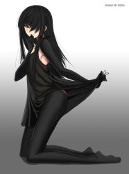 Rule 34 | 1boy, armpits, black hair, clothes lift, decoration disorder disconnection, hair over one eye, hand to own mouth, highres, karyou kaie, kneeling, long hair, maisaki, male focus, pantyhose, see-through, skirt, skirt lift, solo, trap, yellow eyes
