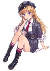 Rule 34 | 1girl, bad id, bad twitter id, black footwear, blonde hair, blush, boots, breasts, collared shirt, flat cap, frilled socks, frills, full body, hand on own cheek, hand on own face, hat, kinchee, knee boots, kneehighs, long hair, medium breasts, necktie, open mouth, original, peaked cap, purple eyes, red necktie, red socks, shirt, simple background, socks, solo, twitter username, very long hair, white background, white shirt, wing collar